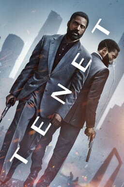 Tenet - John David Washington back to back with himself, one with a mask and both holding gun