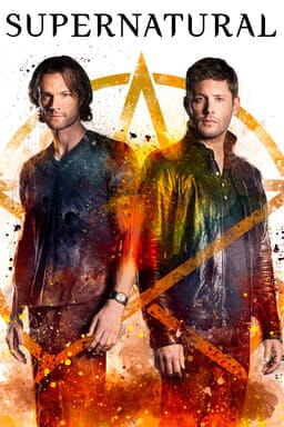 Poster for season 13 of Supernatural with Jared Padalecki and 	Jensen Ackles standing in front of paint splattered pentacle