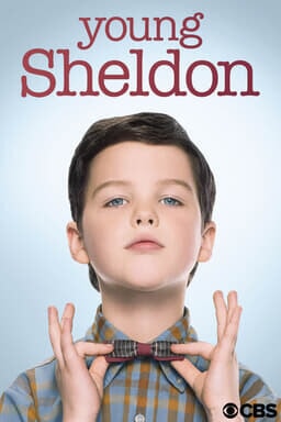 Iain Armitage as young Sheldon Cooper adjusting his bow tie with "young sheldon" logo above
