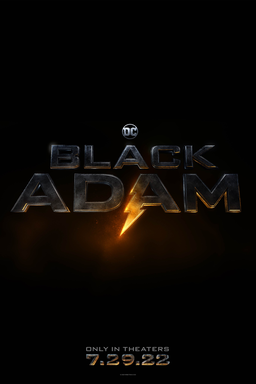 Black Adam - Logo with lightning flash in block gold letters and date below on black bg