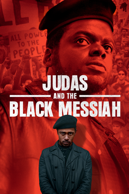 Judas and the Black Messiah - Daniel Kaluuya and LaKeith Stanfield on red background with crowd at the back