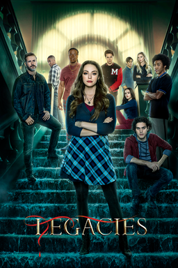 Legacies: Season 3 - Cast standing around on the staircase at the top sun beaming through glass